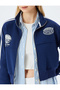 Stand Collar Zippered Pocket Detailed Ribbed Crop College Sweatshirt - 5