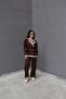 Standard Size (Oversize) Brown Gold Four Button Double Breasted Cardigan Trousers Acrylic Knitwear Suit - 6