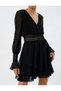 Double Breasted Neck Tulle Mini Dress Lace Detailed Long Sleeve Loose Fit - 5