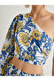 X Melis Ağazat - Floral One Shoulder Crop Blouse Asymmetrical Neckline Long Balloon Sleeve Cotton - 5