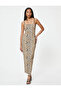 Leopard Print Slim Fit Long Dress - Thin Straps and Low Cut