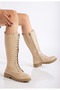 Women's Genuine Leather Lace-Up Zipper Boots - Beige