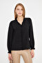 Women's Black Collar and Front Ruffle Detailed Long Sleeve Blouse with Elastic Sleeves Arm-25K001030 - 2