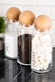 3-Piece Wooden Ball Lid Transparent Labeled Tea Sugar Salt Storage Jar Glass Storage Container 1300 ml - 4