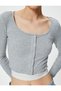 Long Sleeve Crop T-Shirt Buttoned Layered Color Contrast Ribbed U-Neck - 5