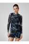 Tulle Mini Dress Draped Long Sleeve Tie-Dye Patterned Lined - 2