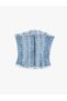 Strapless Denim Top Corset Look with Tasseled Edges and Zipper - 7