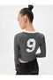Crop Long Sleeve T-Shirt Back Number Printed Striped Crew Neck Cotton - 4