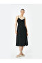 Linen Midi Dress - Double Breasted Collar and Button Detailed Thin Straps - 2