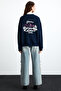 Elınay Women's Cotton Oversize Fit Dark Blue Sweatshirt with Front and Back Print Detail - 5