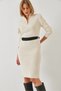 Women's Beige Zippered Belted Long Knitwear Dress 60351145