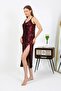 Women's Rope Strap Long Shiny Micro Dress Nightgown 7415 Claret Red - 3