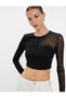 Crop T-Shirt with Transparent Tulle Detail and Shiny Stone Embroidery