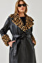 Women's Black Collar and Sleeves Leopard Fur Leather Trench Coat 3103 60351269 - 5