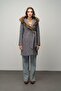 Hooded Fur-Capped Fish-Scale Coat with Belt Detail Indigo 3044 - 2