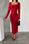 Tulle Fabric Ruched Detail Pencil Dress - Red - 4