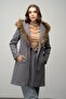 Hooded Fur-Capped Fish-Scale Coat with Belt Detail Indigo 3044
