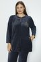 Women's Navy Blue Striped Stone and Piping Detailed Zippered Cotton Velvet Home Set - 4