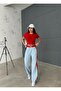Front and Back Jeans Wide Leg Pants with Red Combed Details - 2