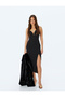 Slim Fit Midi Length Strap Dress with Front Slit Detail and Heart Neckline