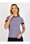 Ribbed Round Neck Contrast Panel Fitted T-Shirt - 3