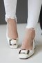 Women's Gold Square Buckle Short Heeled Shoes Zion White - 2