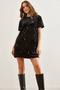 Women's Black Stone Detailed Crew Neck Mini Velvet Dress Elb- 19002303 - 3