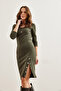 Women's Khaki Button Detailed Slit Raster Stretchy Dress Elb- 19002307 - 8