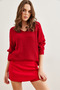 Women's Red V-Neck Thessaloniki Knit Oversize Knitwear Tunic Tnk- 19000081 - 2