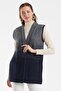 Women's Grey-Navy Blue Seasonal Knitted Vest with Pockets