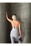 Women's Gray Backless Cross-Strap Slim Fit Gathering Yoga Pilates Leggings Sports Jumpsuit - 3