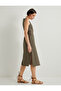 Linen Blended Midi Shirt Dress - V-Neck with Waist Belt and Button Detail