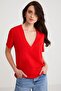 Alıne Women's 100% Organic Cotton Regular Fit Regular Fit V-Neck Basic Red T-Shirt - 4