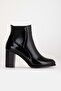 Women's Genuine Leather Elastic Heeled Boots - Black Patent Leather - 3