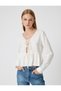 V-Neck Blouse with Flounces, Slim Fit, Lace Detail, Long Sleeves - 3
