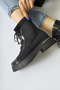 Maline Black Diver, Stretch Fabric Patent Leather Detailed Thick Sole Women's Boots, Women's Bootie