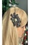 Luxury Stone and Pearl Decorated Large Layered Special Occasion Motif Floral Metal Clip Side Buckle Black Women's Children's
