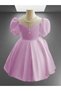 Special Design Pink Short Sleeve Pearl Detailed Girls' Evening Dress