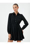 Mini Balloon Sleeve Dress with Flounce, Belted Waist, Buttons