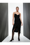 Midi Shiny Double Breasted Dress with Straps, Heart Collar, Front Slit Detail - 2
