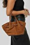 Women's Tan Suede Large Size Shoulder Bag with Gold Buckle Detail - 2