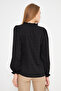 Women's Black Collar and Front Ruffle Detailed Long Sleeve Blouse with Elastic Sleeves Arm-25K001030 - 6