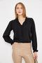 Women's Black Collar and Front Ruffle Detailed Long Sleeve Blouse with Elastic Sleeves Arm-25K001030