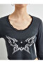 Crop T-Shirt Long Sleeve Printed Round Neck Lace Detailed Cotton - 5