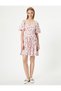 Floral Balloon Sleeve Linen Dress Mini Length Heart Collar - 3