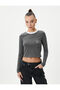 Crop Long Sleeve T-Shirt Back Number Printed Striped Crew Neck Cotton - 3
