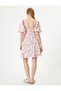 Floral Balloon Sleeve Linen Dress Mini Length Heart Collar - 4