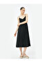 Linen Midi Dress - Double Breasted Collar and Button Detailed Thin Straps