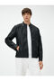 Leather Look Jacket Round Neck Pocket Zippered