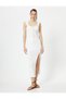 Strappy Pencil Dress Lined Heart Collar Front Tie Detail Slit Bow Detail - 3
